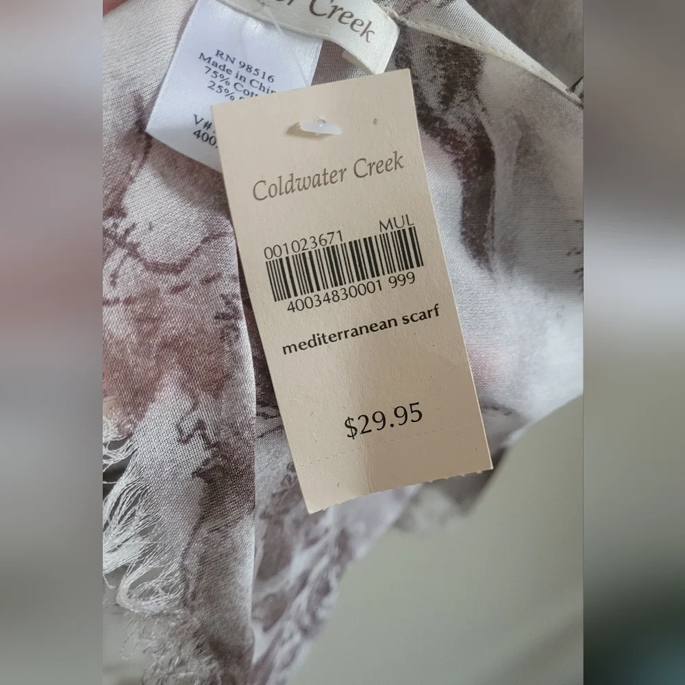 Coldwater Creek Neutral Silk Bld Mediterranean Short Fringed Scarf, Cream & Sand